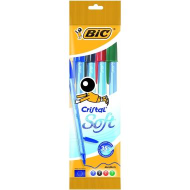 Bic Cristal Soft Cf da 4 penne a sfera - Punta media 1,2 mm - Colori assortiti