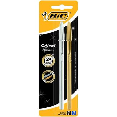 Bic Cristal Shine Cf da 2 penne a sfera - Punta media 1,0 mm - Corpo argento e oro - Colore nero