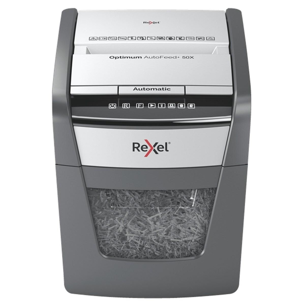 Rexel Optimum AutoFeed 50X Distruggi documenti con taglio automatico delle particelle - 20L - Alimentazione automatica da 50 fogli - Slot manuale da 6 fogli - Anti-inceppamento