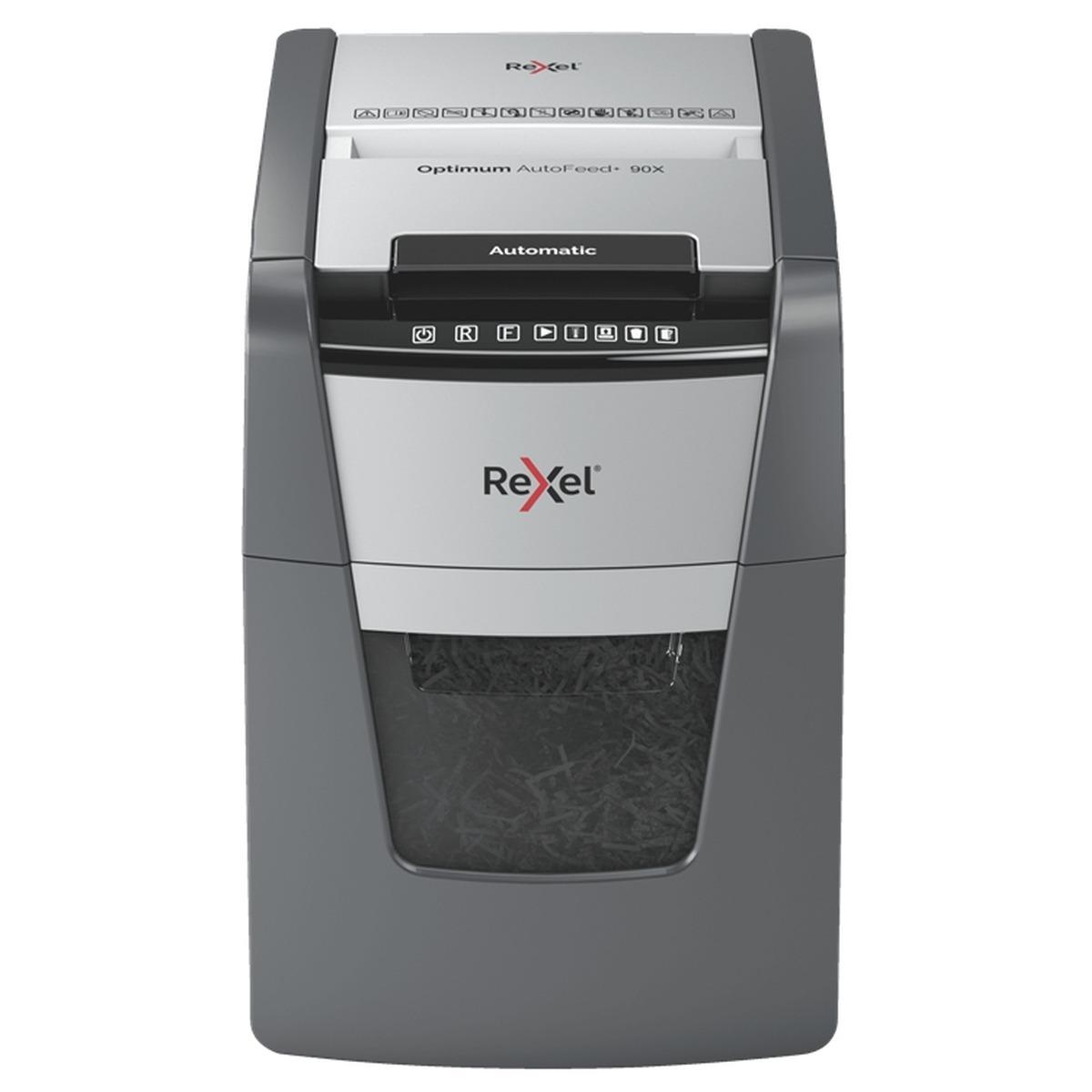 Rexel Optimum AutoFeed 90X Distruggi documenti con taglio automatico delle particelle - 35L - Alimentazione automatica da 90 fogli - Slot manuale da 8 fogli - Anti-inceppamento