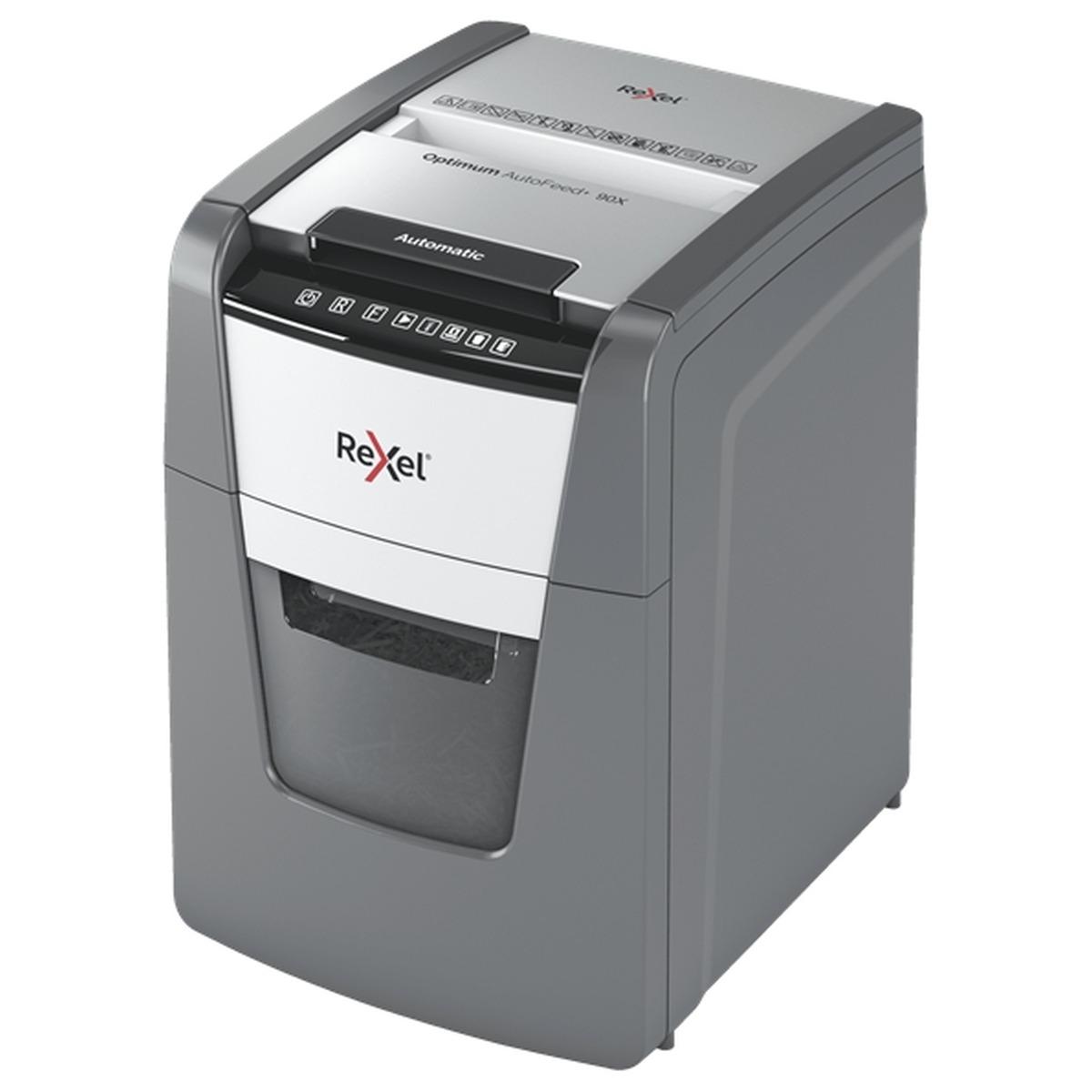 Rexel Optimum AutoFeed 90X Distruggi documenti con taglio automatico delle particelle - 35L - Alimentazione automatica da 90 fogli - Slot manuale da 8 fogli - Anti-inceppamento