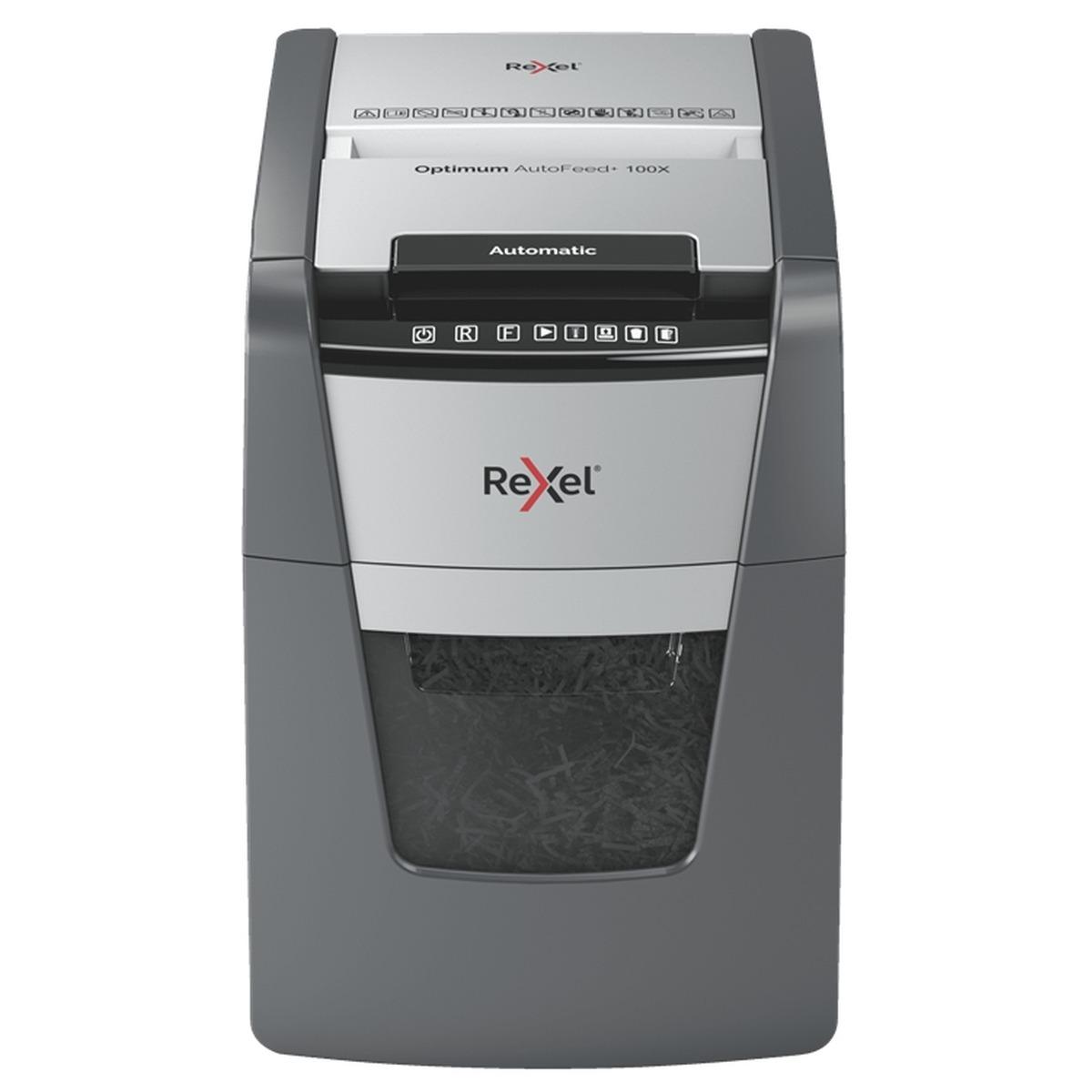 Rexel Optimum AutoFeed 100X Distruggi documenti con taglio automatico delle particelle - 34L - Alimentazione automatica da 100 fogli - Slot manuale da 8 fogli - Anti-inceppamento