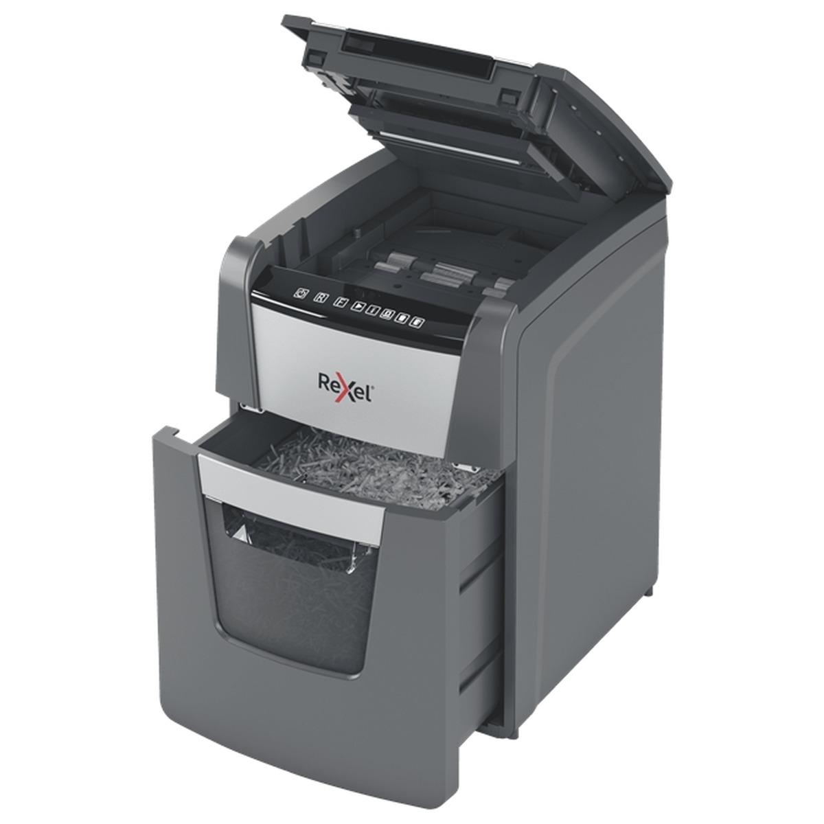Rexel Optimum AutoFeed 100X Distruggi documenti con taglio automatico delle particelle - 34L - Alimentazione automatica da 100 fogli - Slot manuale da 8 fogli - Anti-inceppamento