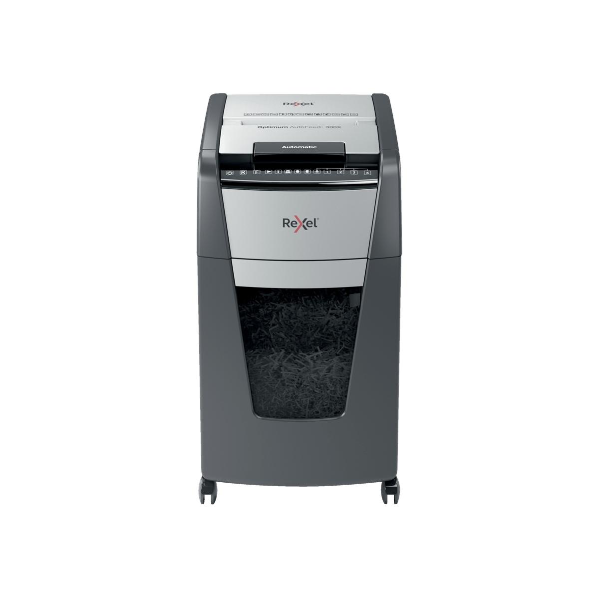 Rexel Optimum AutoFeed 300X Distruggi documenti con taglio automatico delle particelle - 34L - Alimentazione automatica da 300 fogli - Slot manuale da 10 fogli - Anti-inceppamento