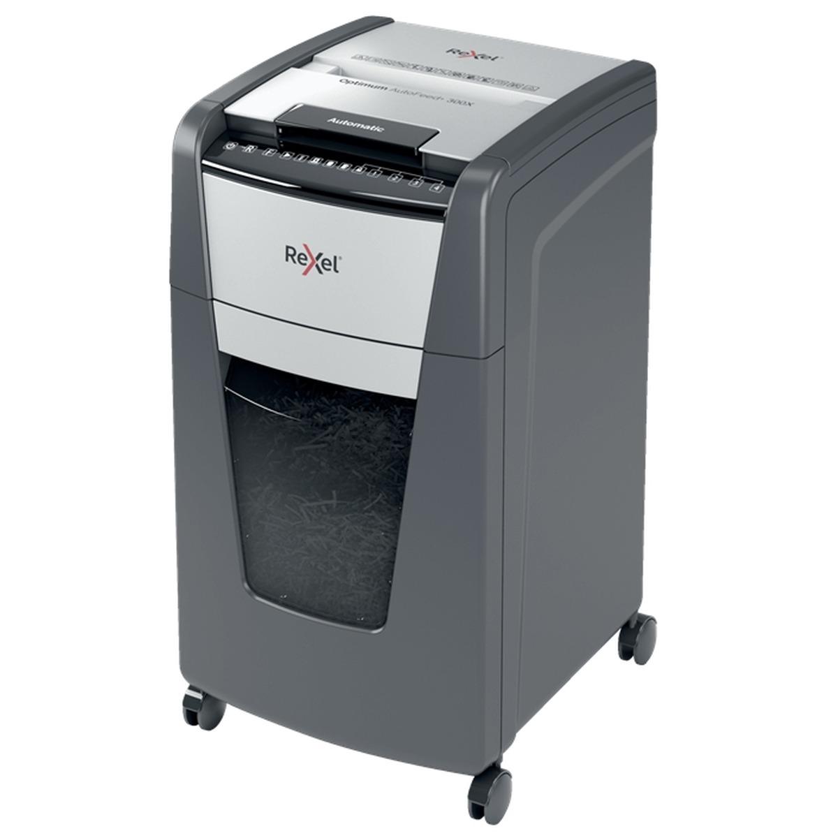 Rexel Optimum AutoFeed 300X Distruggi documenti con taglio automatico delle particelle - 34L - Alimentazione automatica da 300 fogli - Slot manuale da 10 fogli - Anti-inceppamento