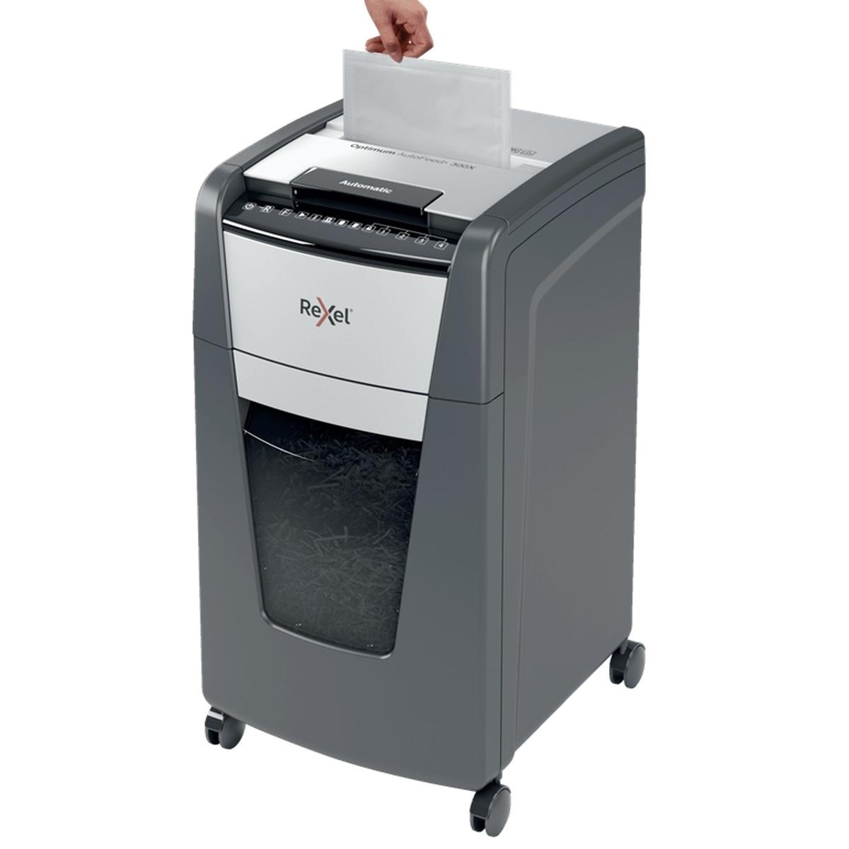 Rexel Optimum AutoFeed 300X Distruggi documenti con taglio automatico delle particelle - 34L - Alimentazione automatica da 300 fogli - Slot manuale da 10 fogli - Anti-inceppamento